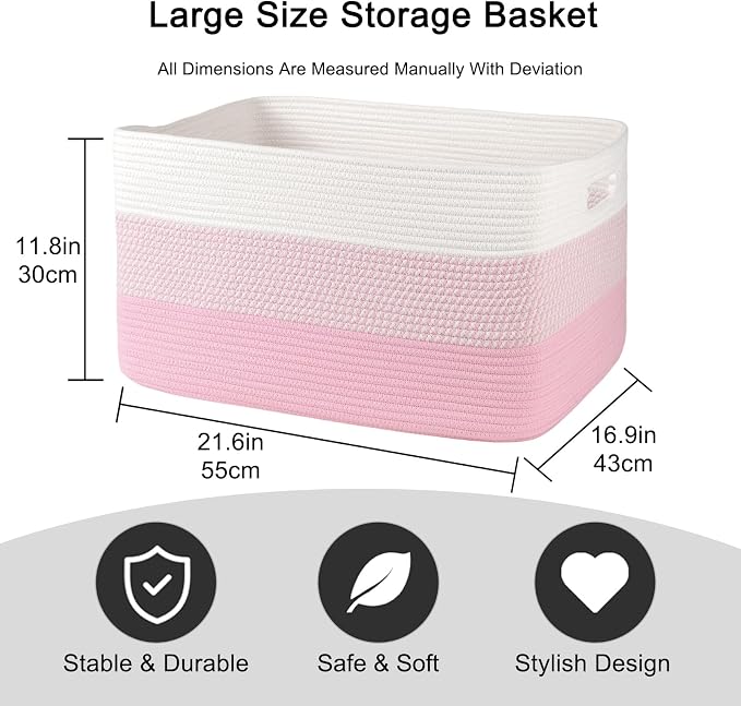OIAHOMY Blanket Basket Laundry Basket Dog Toy Basket 75L Pink/White | Large - Image 3