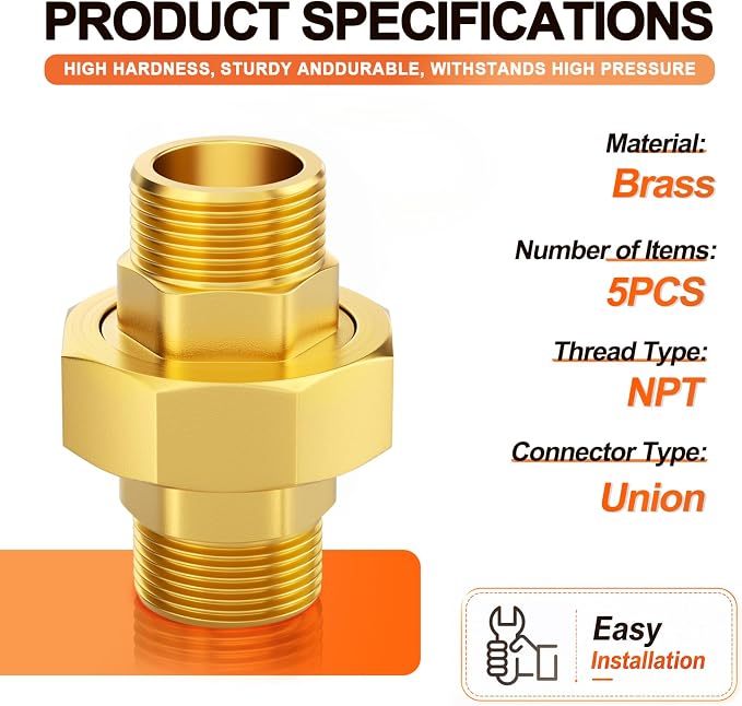 GASHER 5PCS 1/2"MNPT Brass Union Pipe Fitting | 1/2 Inch Male x 1/2 Inch Male - Image 2