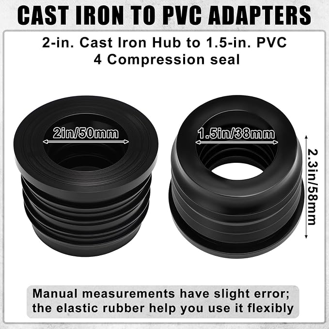 4 Pack 2'' to 1.5'' Cast Iron Hub to PVC Adapter Sewer Pipe Repair Kit Flexible - Image 2