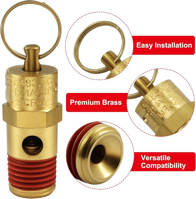 1/4 Inch NPT 135 PSI Brass Air Pressure Relief Safety Valve | Heavy Duty Brass - Image 3