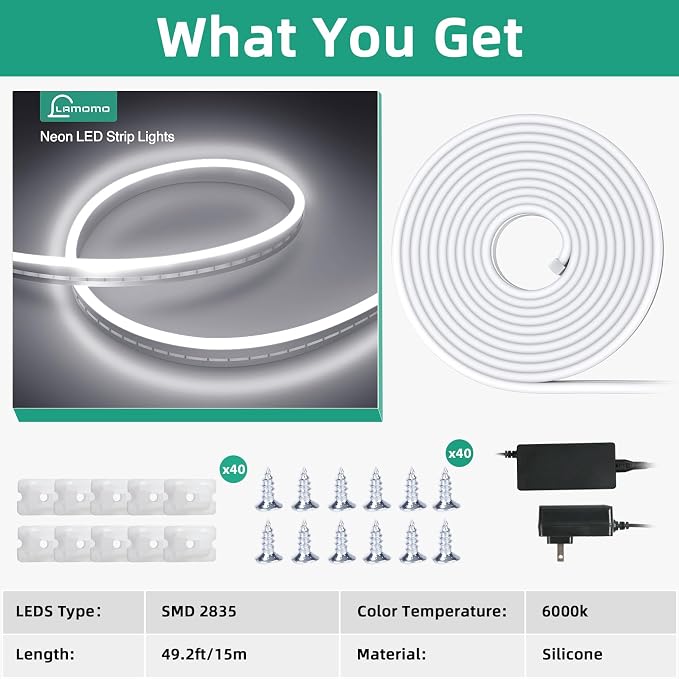 Lamomo LED Strip Lights 49.2FT White, Waterproof Silicone Flexible Neon Rope - Image 7