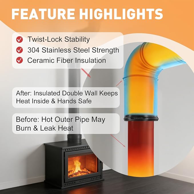6 Inch Insulated Stove Pipe Adapter Stainless Steel, Double-Wall Transition - Image 3