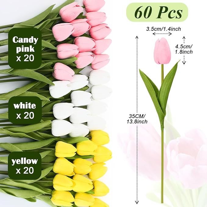 Janinka 60pcs Artificial Tulip Flowers Fake PU Tulips Faux Latex Bouquet Flower - Image 2