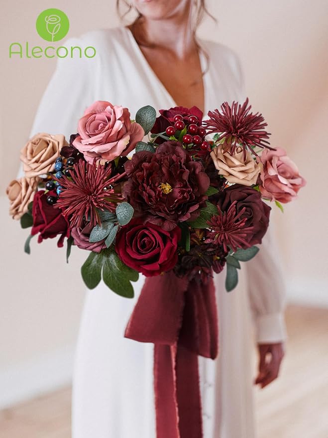 Alecono Burgundy Artificial Flowers, Silk Fake Roses Floral Set | - Image 5
