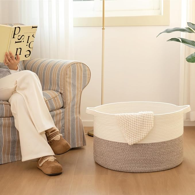 OIAHOMY Large Blanket Basket for Living Room, 19.7" x 12.6" Woven Cotton Rope - Image 7