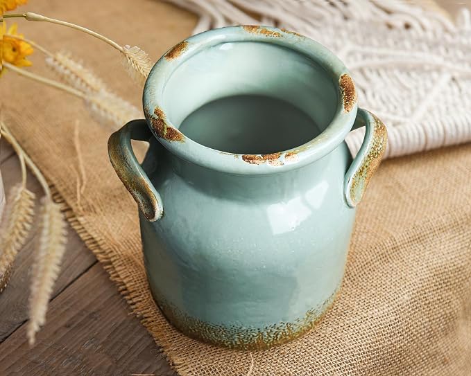 Quoowiit Ceramic Rustic Farmhouse Vase, Distressed Decorative Flower Vases - Image 8