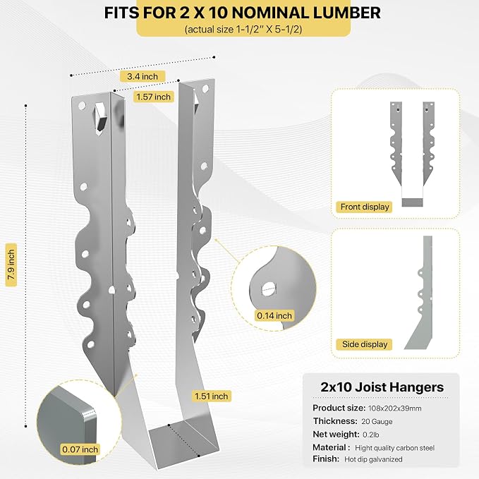 20 pcs 2x10 Joist Hanger, LU210 18 Gauge Double Shear Face Mount Joist Hanger - Image 2