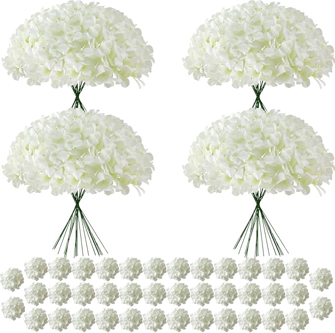 120Pcs White Hydrangea Artificial Flowers Bulk，Realistic Silk Fake Flowers by Cherica