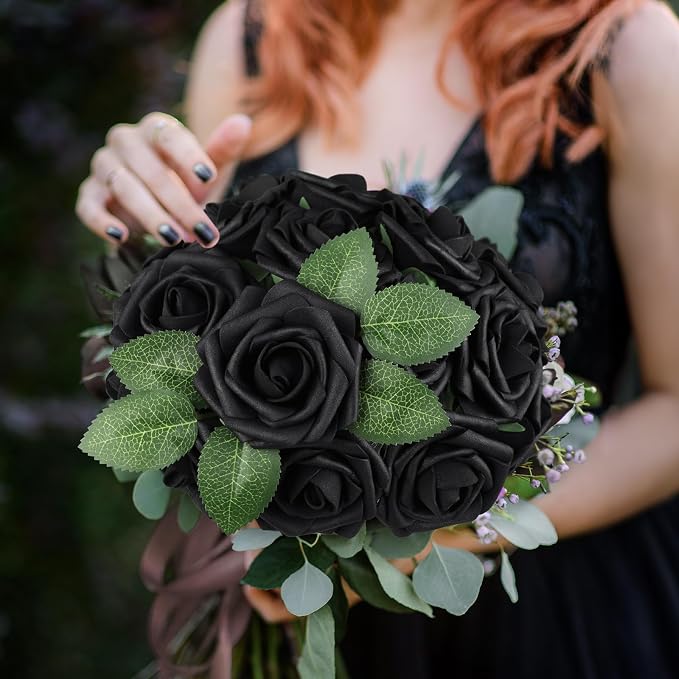 AmyHomie Black Rose 25pcs Real Looking Artificial Flowers w/Stem | Bouquet - Image 3