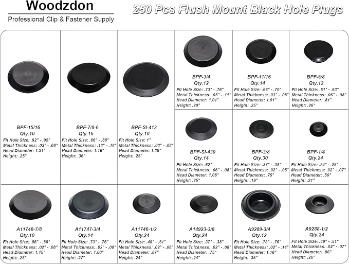 250pcs Auto Body Black Plastic Hole Plug Button and Flush Mount Sheet Metal - Image 8