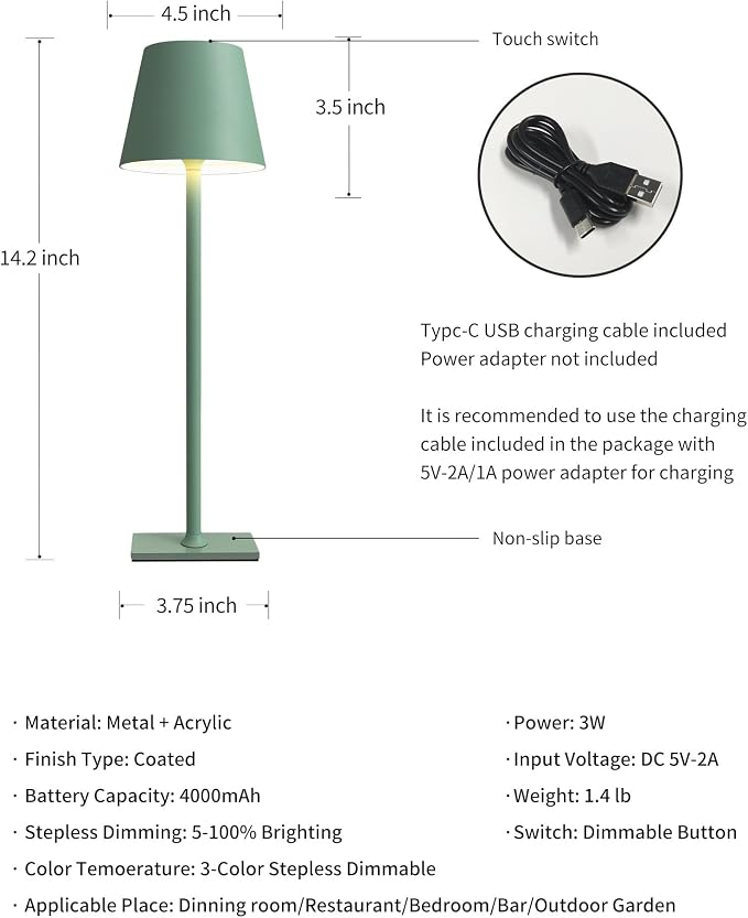 KDG 2 Pack Cordless Green Table Lamps, Rechargeable Portable LED Desk Lamps | - Image 5