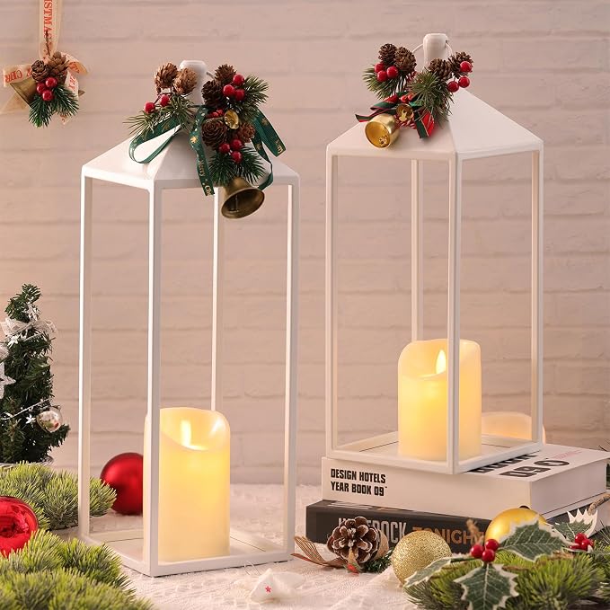 White Decorative Lantern Decor 17" 13" Set of 2 Wedding Lantern - Image 3