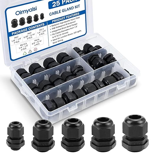 25 Pack Cable Gland Kit – IP68 Waterproof Nylon Cord Grip Connectors PG7 to PG16 by Unknown