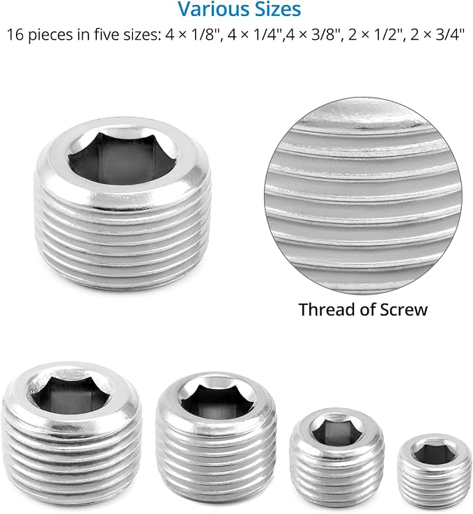 QWORK 304 Stainless Steel Pipe Fitting Kit Hex Countersunk Plug Assortment Set - Image 3