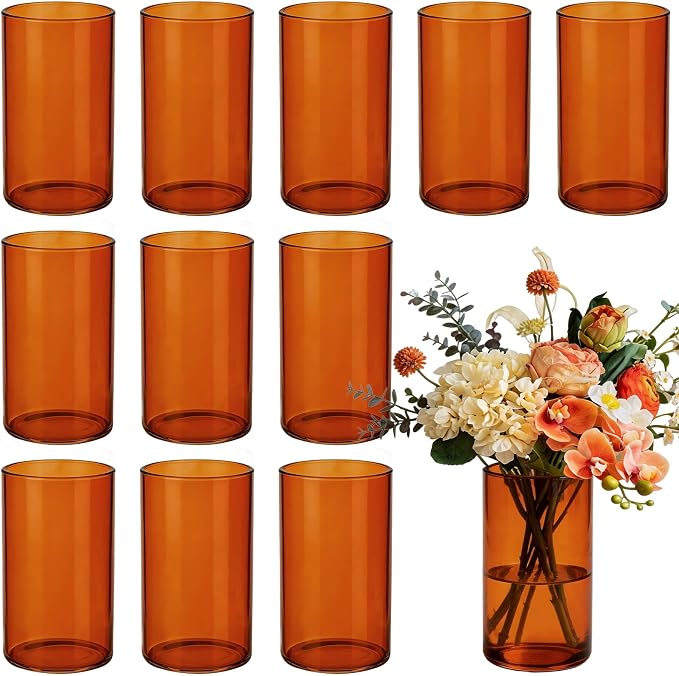 12pcs 6 Inch Amber Glass Cylinder Vases by TBWIND