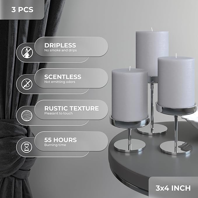 3x4 inch Pillar Candles Set of 3 – Unscented Dripless Rustic Light Gray Candles - Image 4