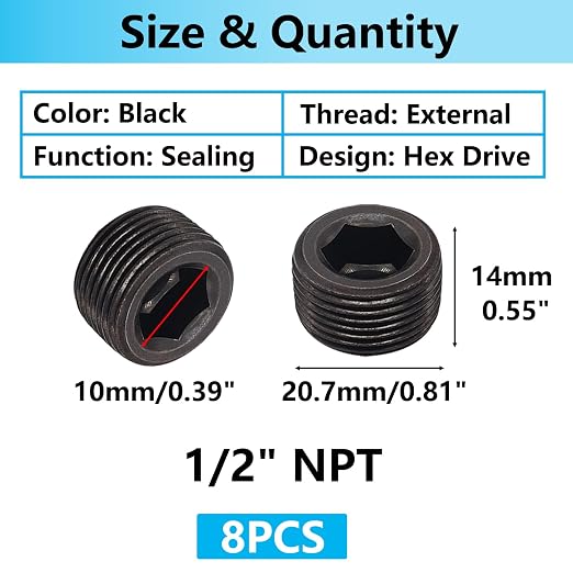 8PCS 1/2"NPT Male Pipe Plug Fitting Black Carbon Steel Pipe Plug Set Internal - Image 2