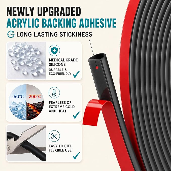 40FT Weather Stripping Door Seal, Self-Adhesive Silicone D-Shaped Seal Strip - Image 3