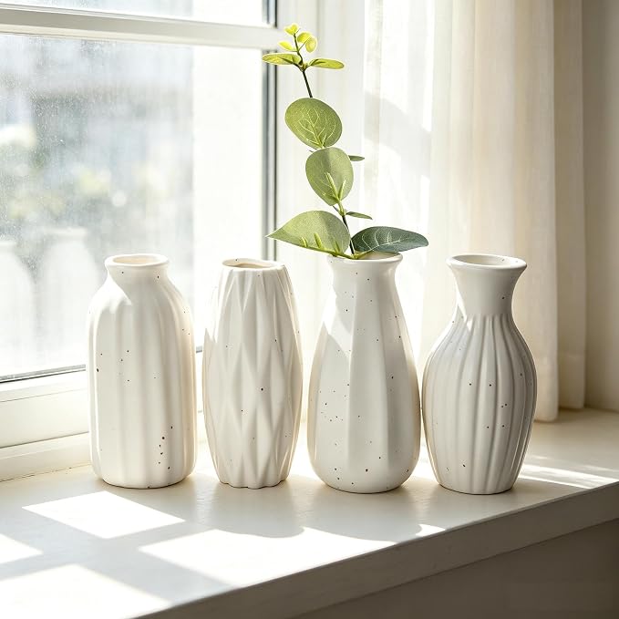 Set of 4 Small White Ceramic Vases Table Flower Vase Modern Decorative Vases - Image 9