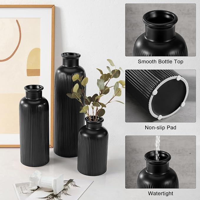 Small Black Ceramic Vase Set of 3, Boho Modern Black Flower Vase Room Decor - Image 5