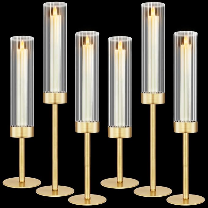 Glass Hurricane Candlestick Holders Gold, KSWING Set of 6 Taper Candle Holders by Unknown