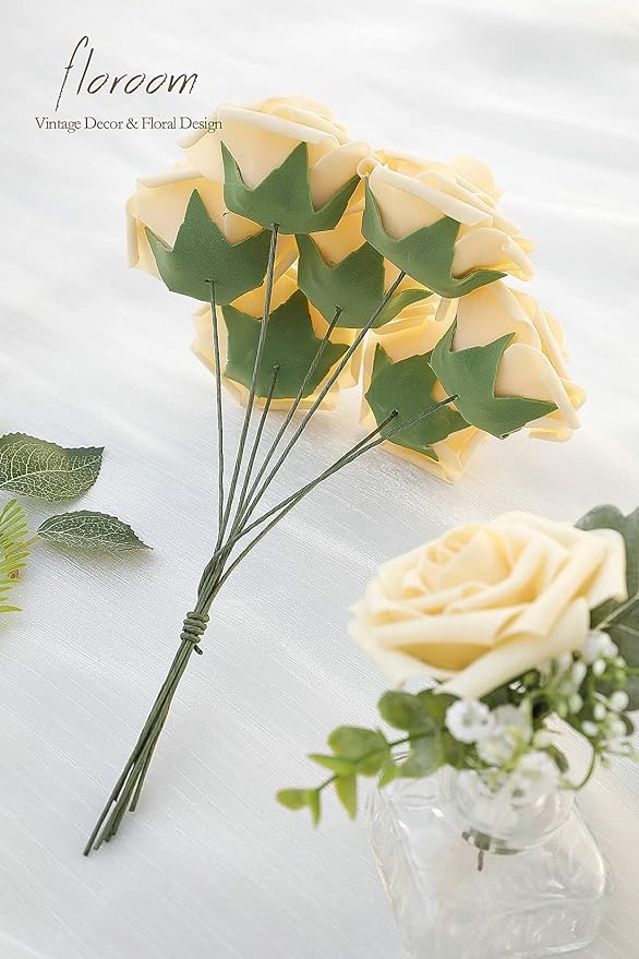 Artificial Flowers 25pcs Real Looking Creamy Yellow Foam Fake Roses - Image 2
