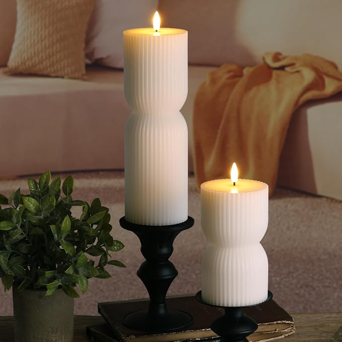 White Ribbed Flameless Pillar Candles - Image 9