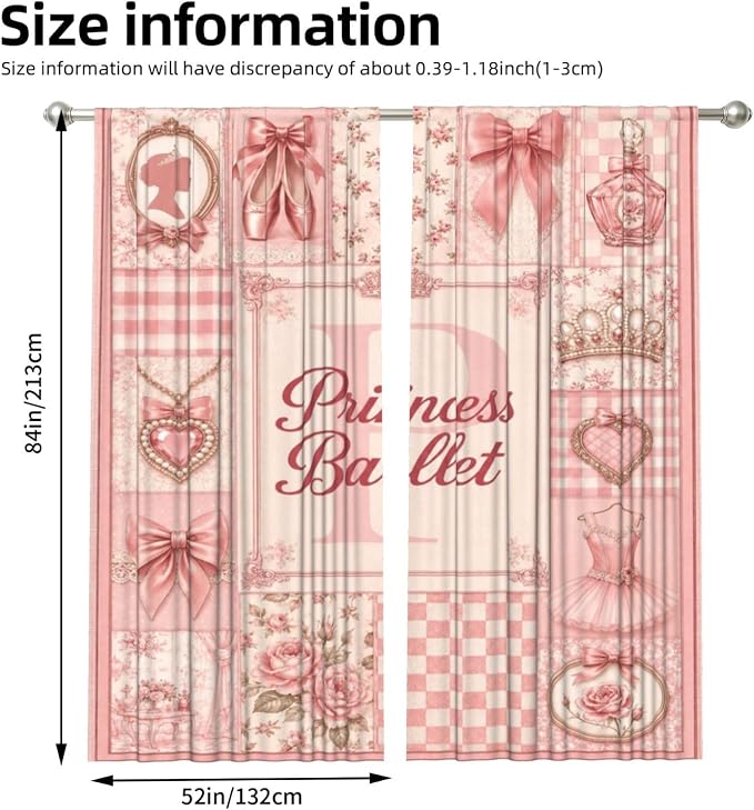 Princess Ballet Pink Floral Bow Window Curtains 2 Panels Set, 52 X 84 Inch - Image 3