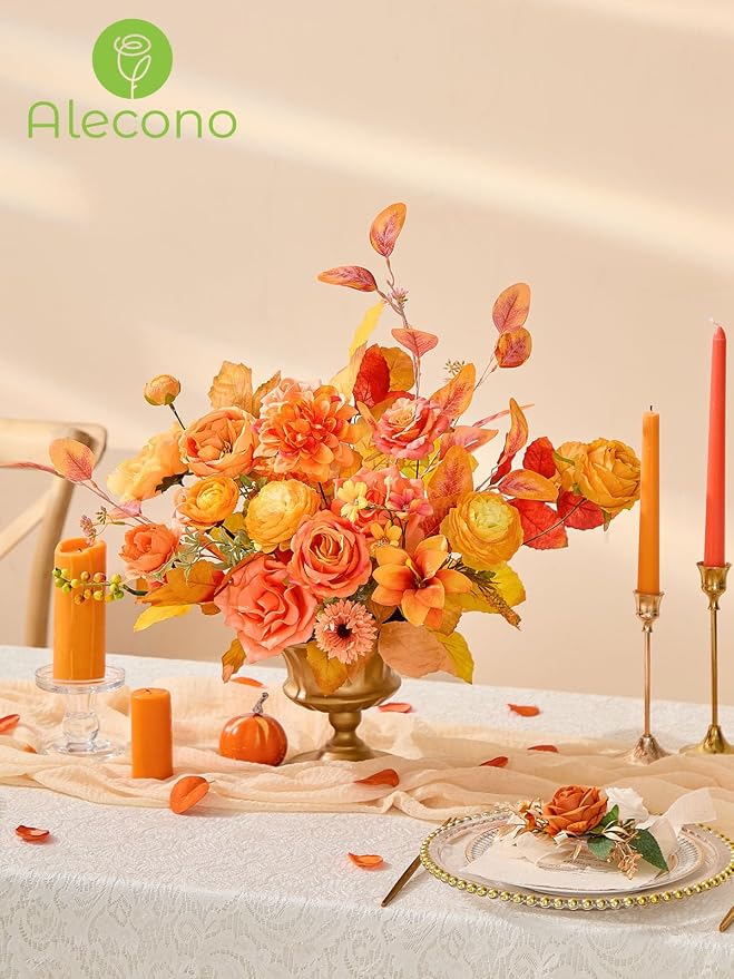 Alecono Bright Orange Artificial Flowers, Silk Fake Roses Combo Box Set | Fall - Image 4