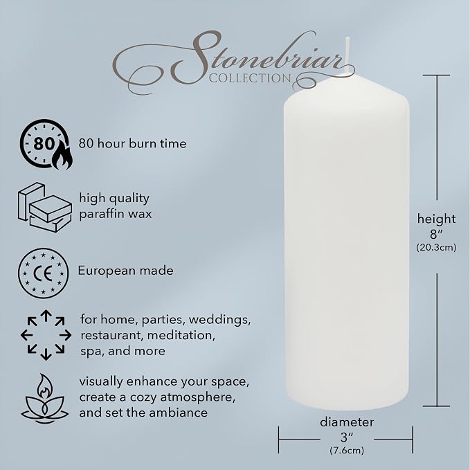 Stonebriar 3 Pack Tall 3 x 8 Inch 80 Hour Long Burning Unscented White Wax - Image 7