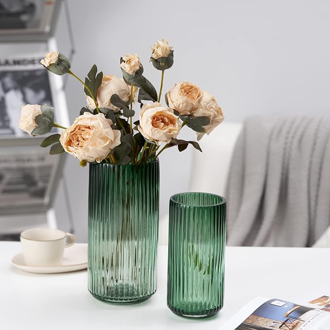 Flower Vase 10 inch Green Thickened Hand Blow Glass Vase Round Vintage Striped - Image 7