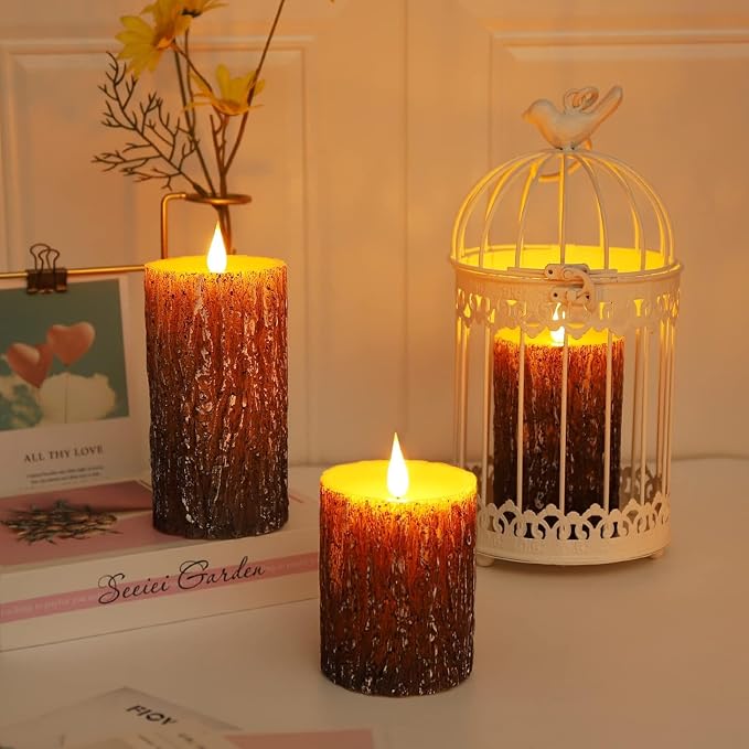 AKU TONPA Pine Bark Effect Flameless Candles Battery Operated Pillar Real Wax - Image 5