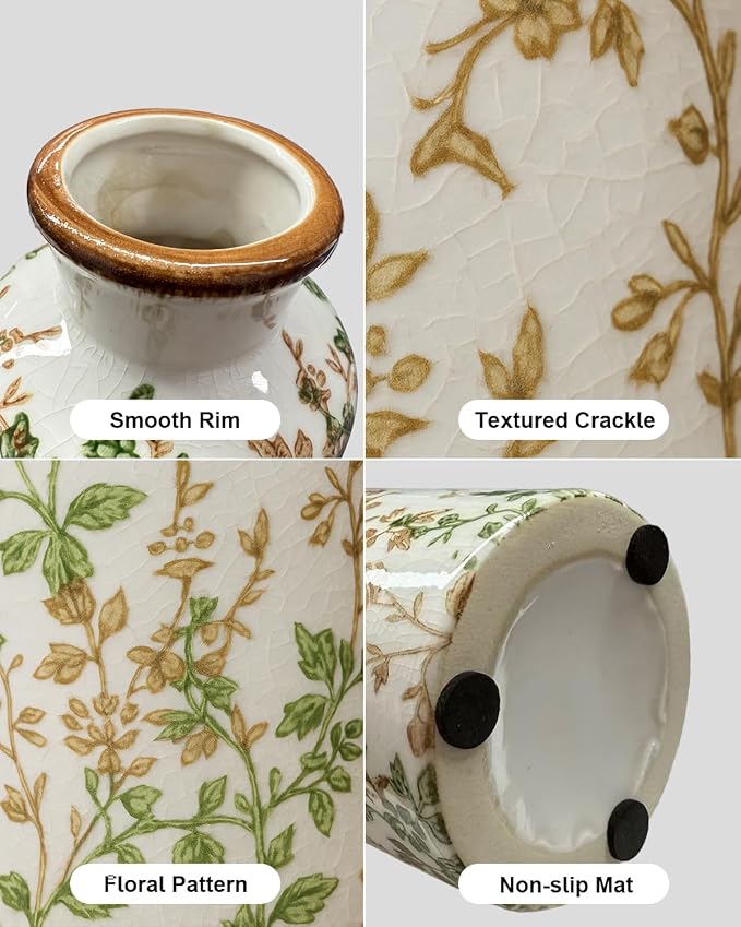 Brown and Green Ceramic Vase Set of 3, Vintage Botanical Vases - Image 3