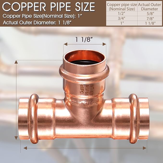 Copper Press Fittings Tee 1 Inch Copper Press Tee Coupling 6PK, Zero Lead | - Image 2
