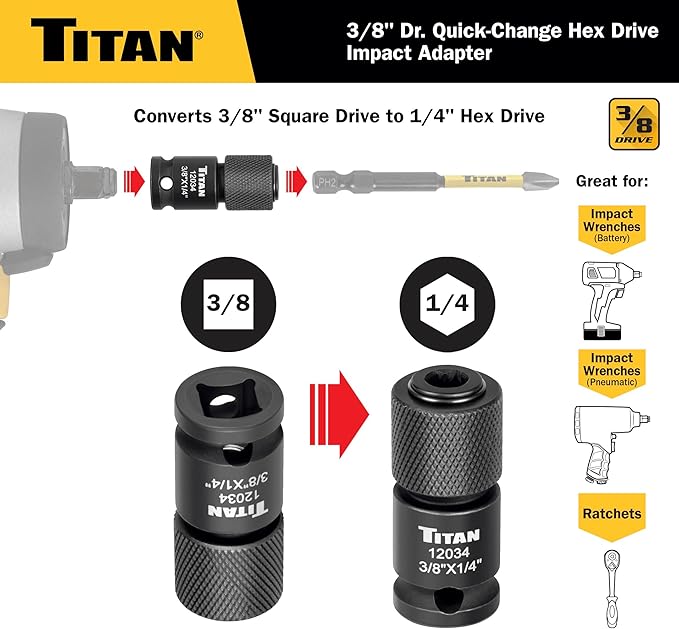 Titan 12034 3/8" Drive to 1/4" Hex Drive Quick Change Adapter - Image 2