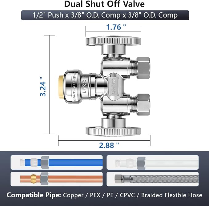WiseWater 1/2" Push Fit x Dual 3/8" Compression Dual Stop Valve | 1/4 Turn - Image 5