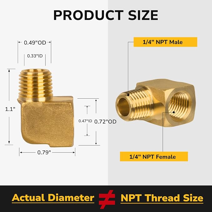 90 Degree Elbow, 1/4" NPT Male × 1/4" NPT Female Brass Pipe Fitting, Barstock - Image 2