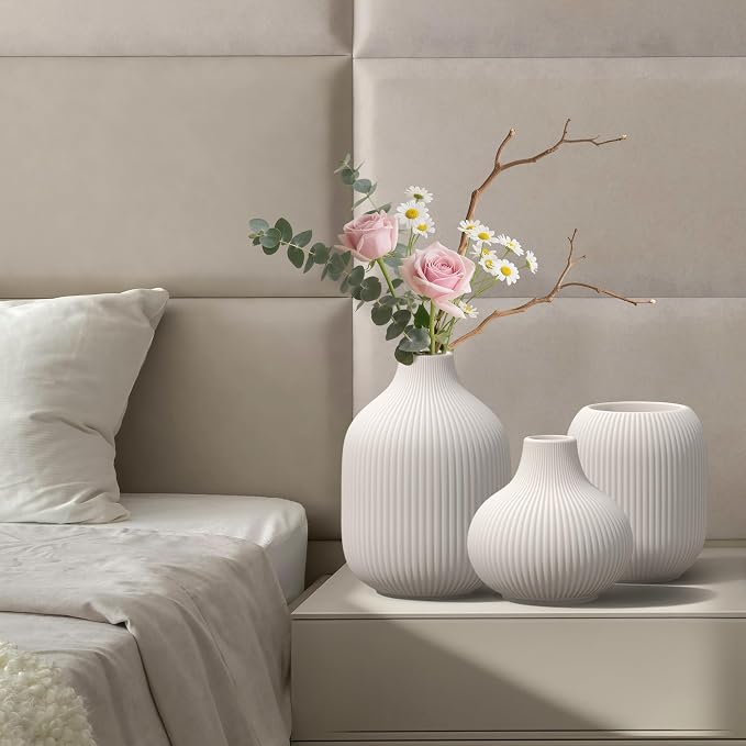 White Small Ceramic Vases Set of 3, Matte Vertical Ribbed, Minimalist - Image 5