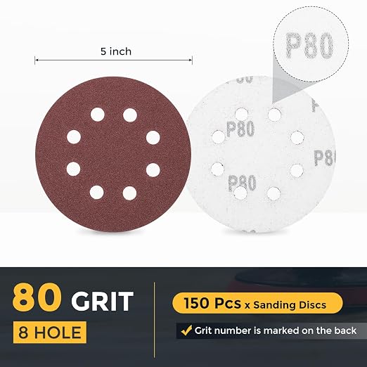 HARFINGTON 150 Pcs 5 Inch Sanding Discs 80 Grit Red Aluminum Oxide 8 Hole | - Image 2