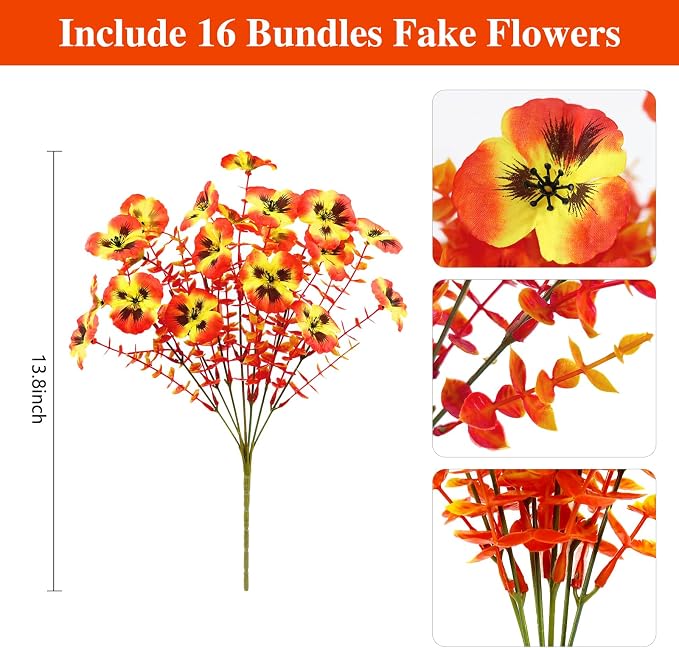 16PCS Artifcial Fall Flowers for Outdoors, No Fade Silk Pansies | Realistic - Image 2