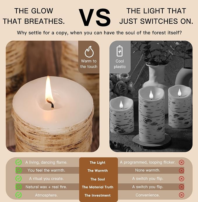 Rustic Birch Bark Pillar Candle Set of 3, Unscented Home Decor | Assorted Size - Image 6