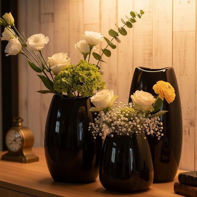 hjn Ceramic Vase Set of 3 Black Flower Vase - Image 2