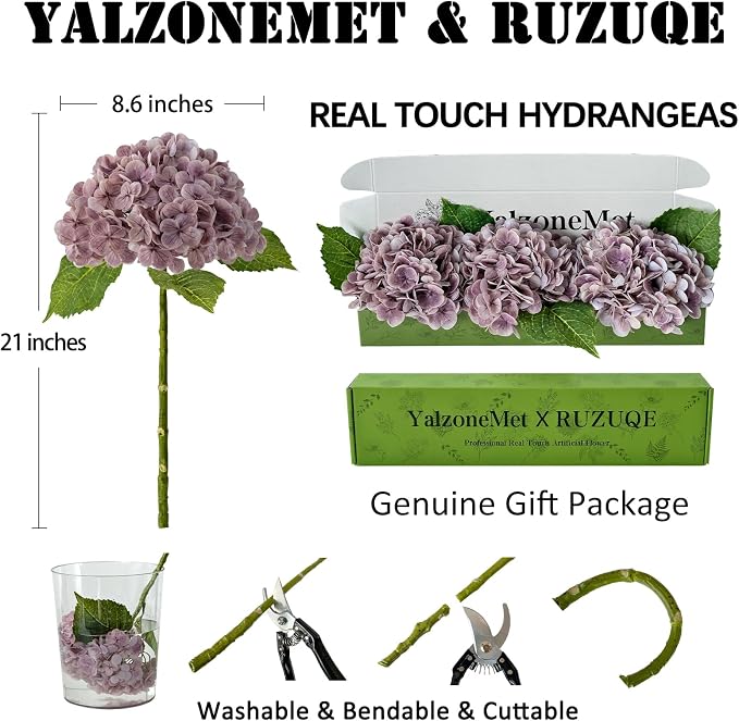 YalzoneMet 3 Pcs Vintage Mauve Hydrangea Artificial Flowers Gray Purple 21'' - Image 4