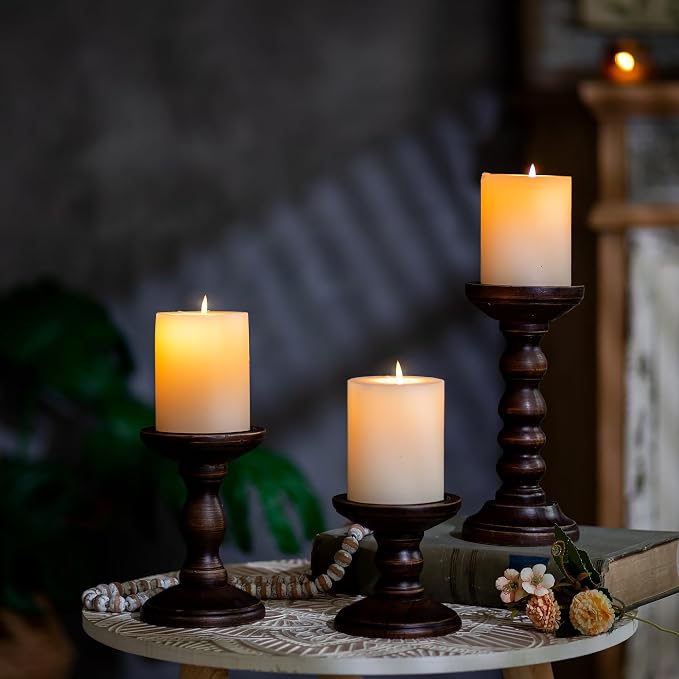Romadedi Wood Candle Holders for Pillar, Dark Brown, Farmhouse Candle Stand - Image 6