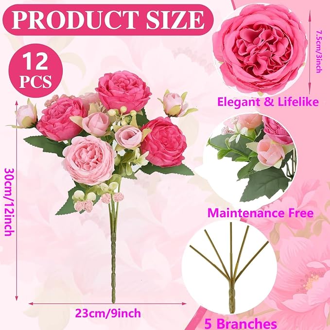 peonies artificial flowers 12 Bundles pink flowers bouquet, Lifelike Silk Fake - Image 3