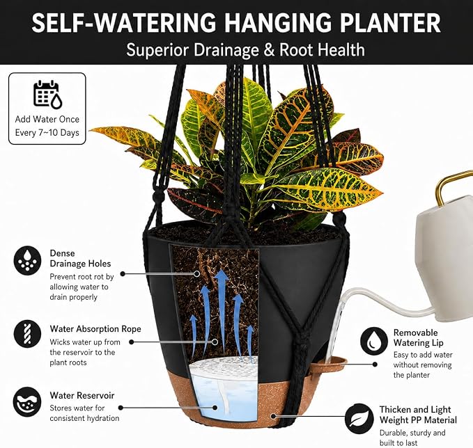 Bouqlife 3 Pack Self Watering Hanging Planters Macrame Plant Hangers - Image 4