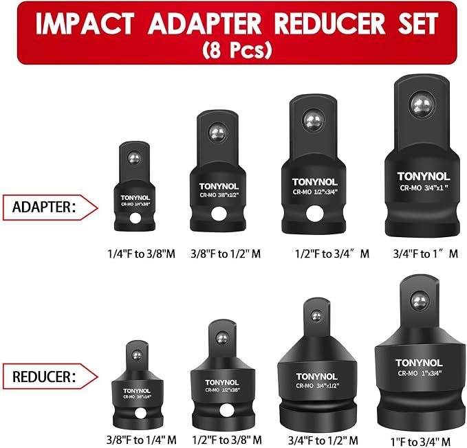 TONYNOL 8 Piece Impact Socket Adapter and Reducer Set | 1/4" 3/8" 1/2" 3/4" - Image 2