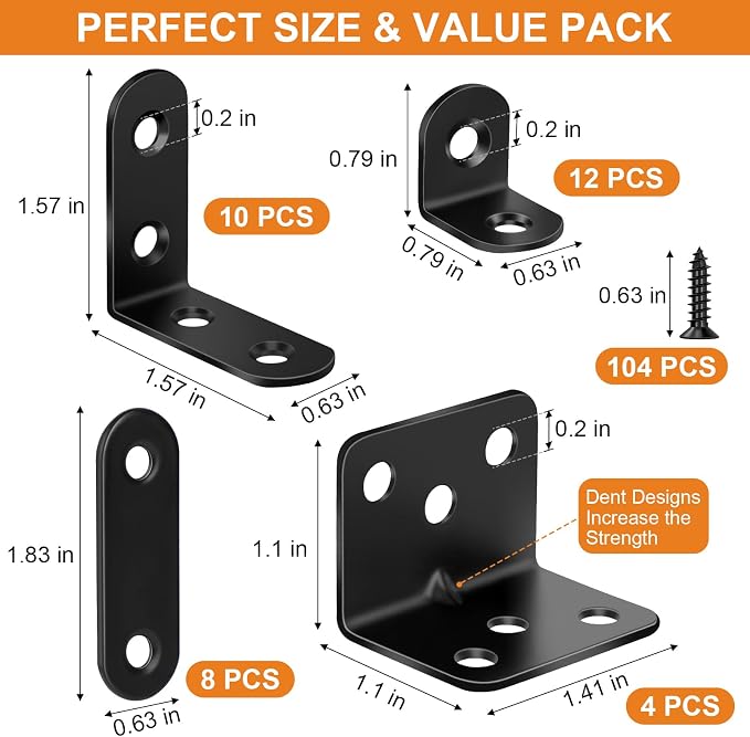 34 Pack L Bracket Corner Brace Kit, 4 Sizes Stainless Steel Corner Bracket | 90 - Image 2