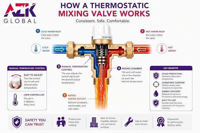 3/4" Sweat Union Thermostatic Mixing Valve, Cert: ASSE, NSF | TMV, Precise - Image 4