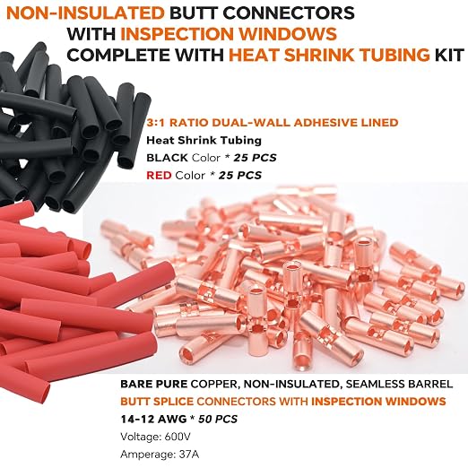 14-12 AWG Wire Splice Kit – 50 PCS 14-12 Gauge Bare Copper Non-Insulated Butt - Image 2